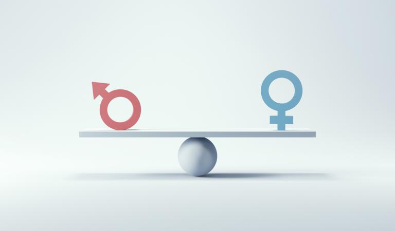 Gender equality concept. Male and female symbol on the scales with balance on blue background. iStockphoto